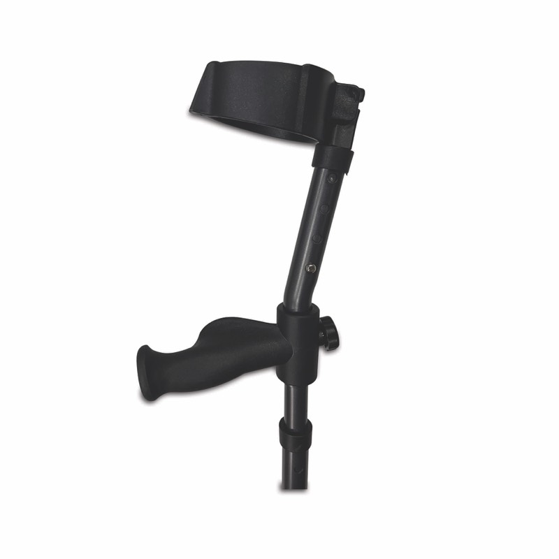 Upper post of the In-Motion forearm crutch showing the height adjustment holes, cuff, and ergonomic handle