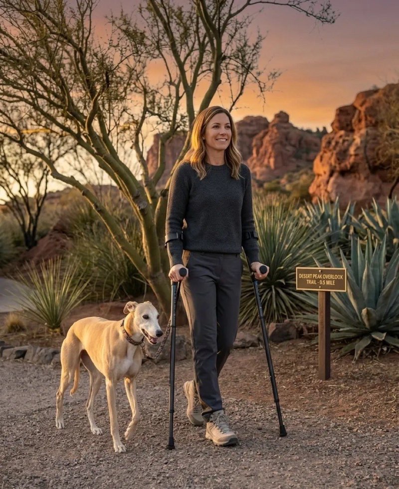 Woman walking a desert trail at sunset using In-Motion forearm crutches