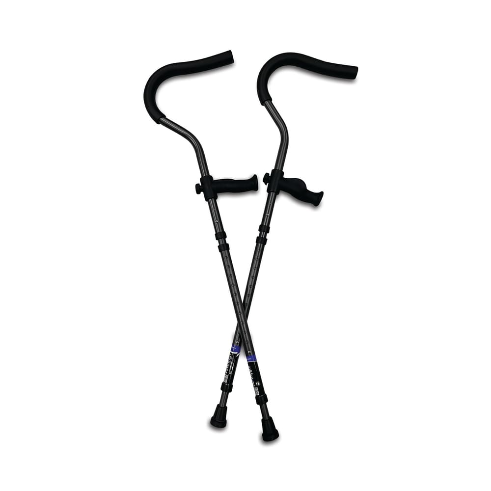 A pair of In-Motion Tall underarm crutches crossed against a white background